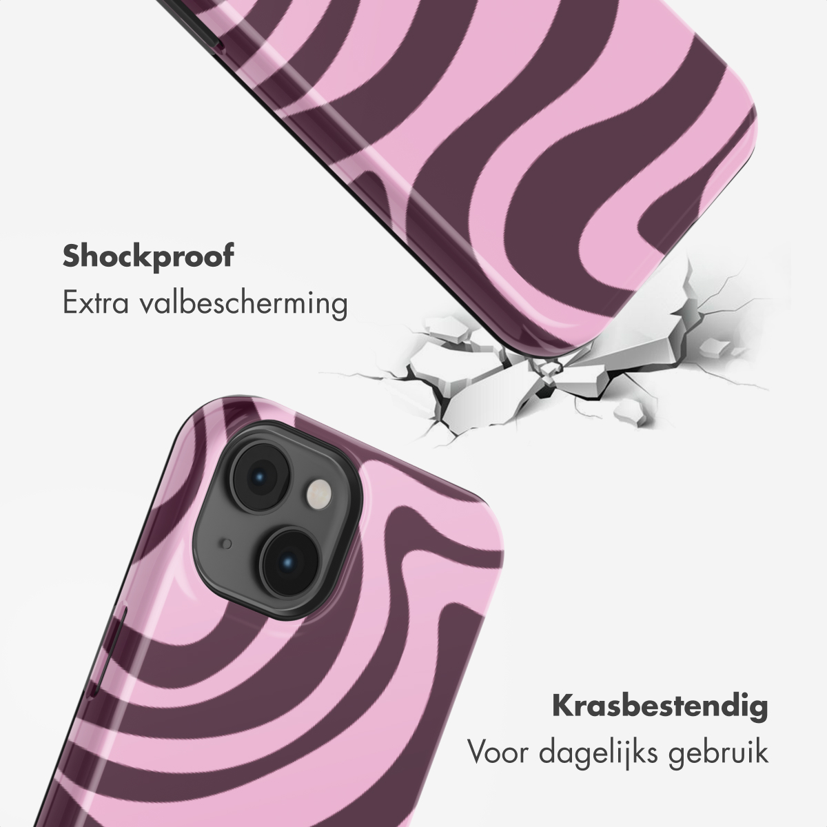 Een roze telefoonhoes met donkere strepen valt op een wit oppervlak.