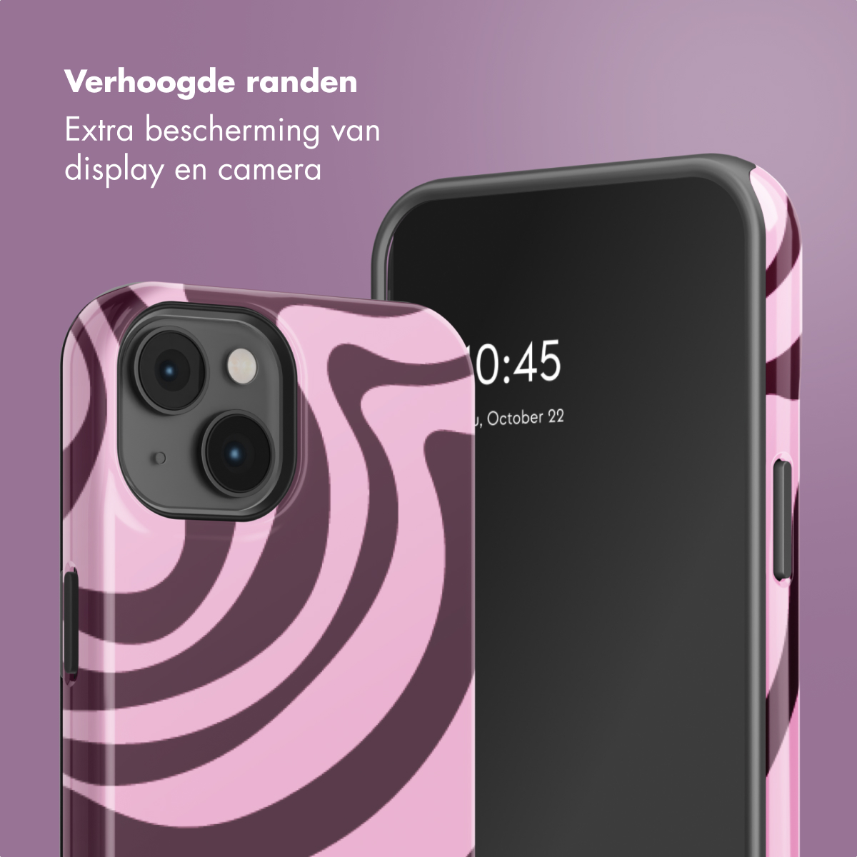 Een roze telefoonhoes met donkere spiralen en camera's. Scherm toont 10:45.