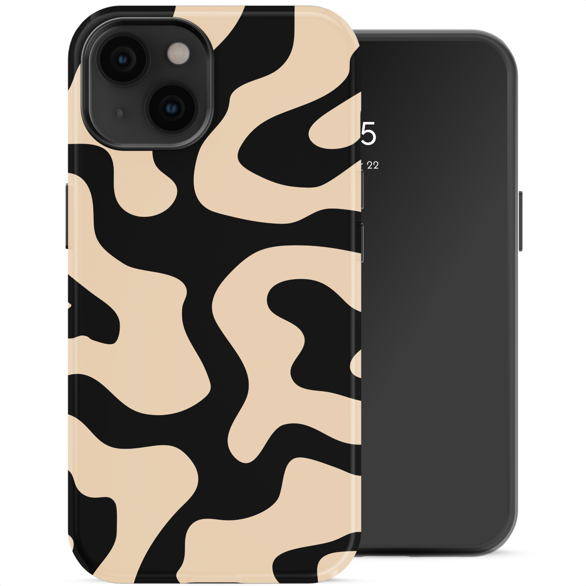 Coque de téléphone à motif ondulé noir et beige à côté d'un smartphone sombre.