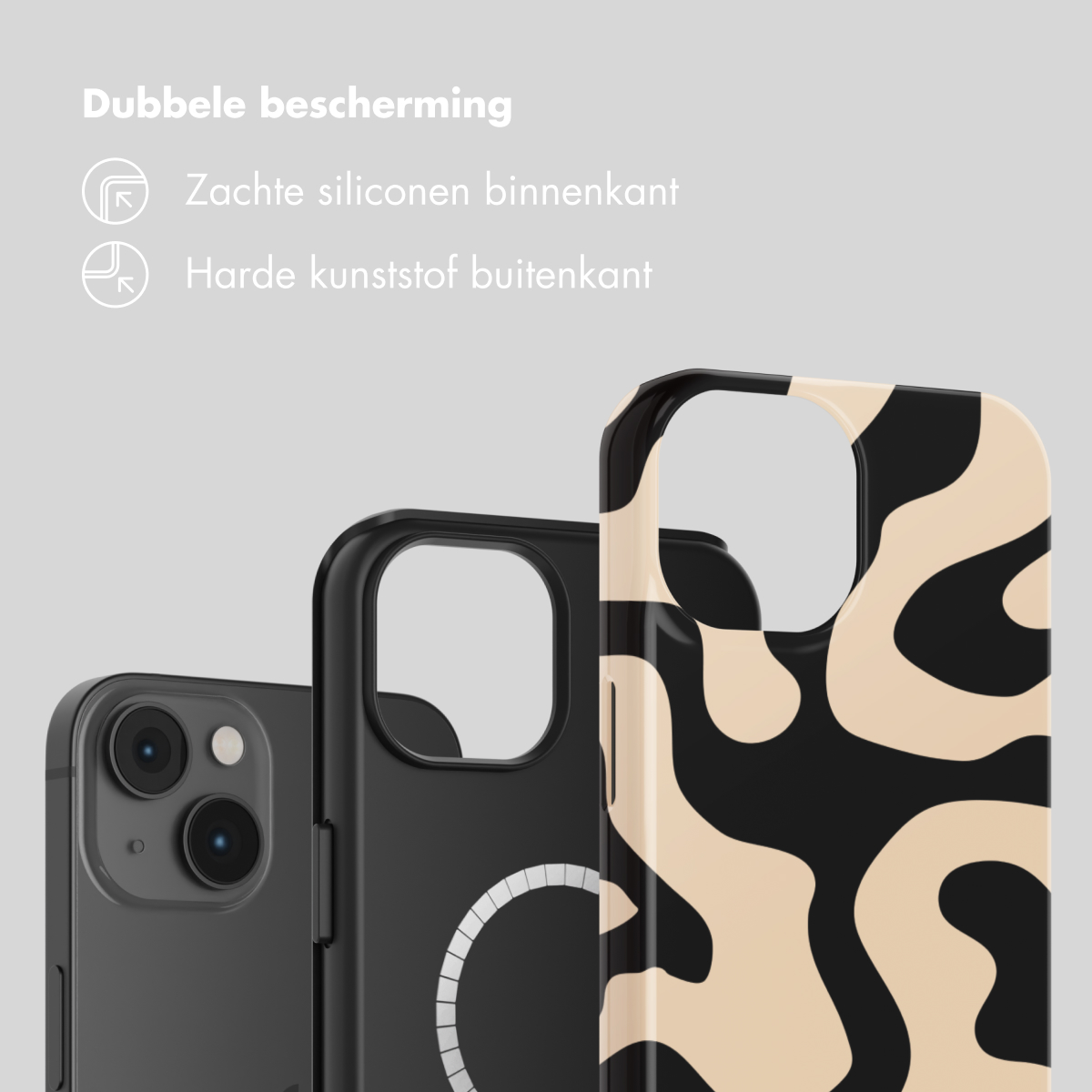 Trois coques de téléphone : une noire, une noire à motif circulaire, une à motif beige et noir.