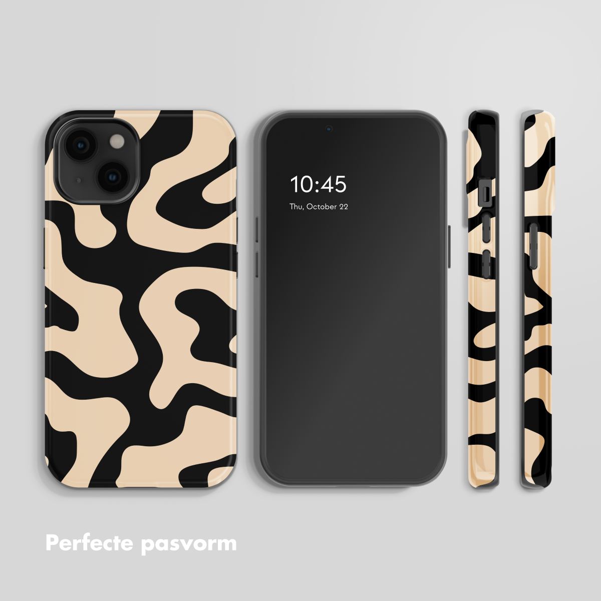 Un téléphone avec un motif abstrait beige et noir. Deux coques de téléphone sont à sa droite.