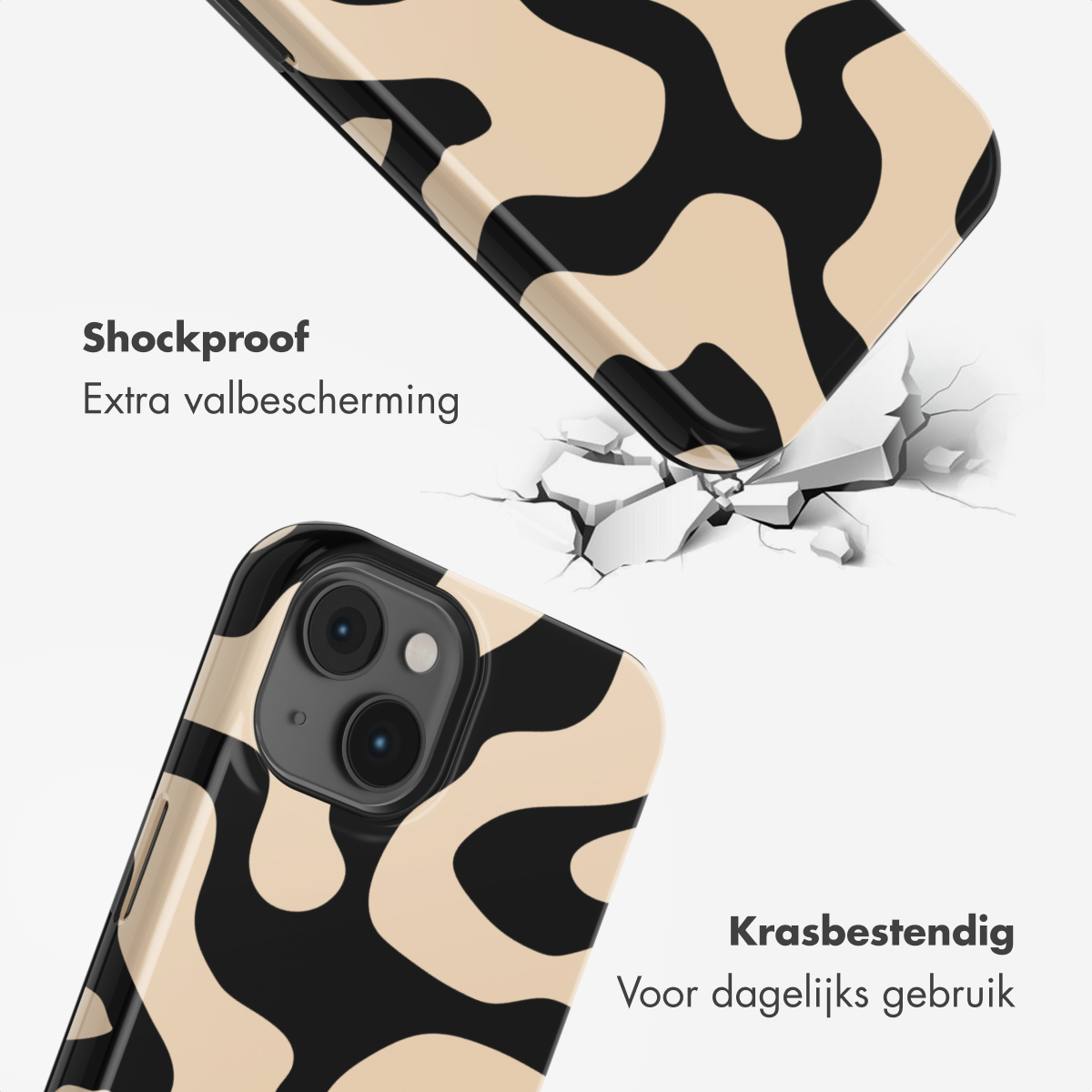 Une coque de téléphone motif beige et noir traverse le sol.