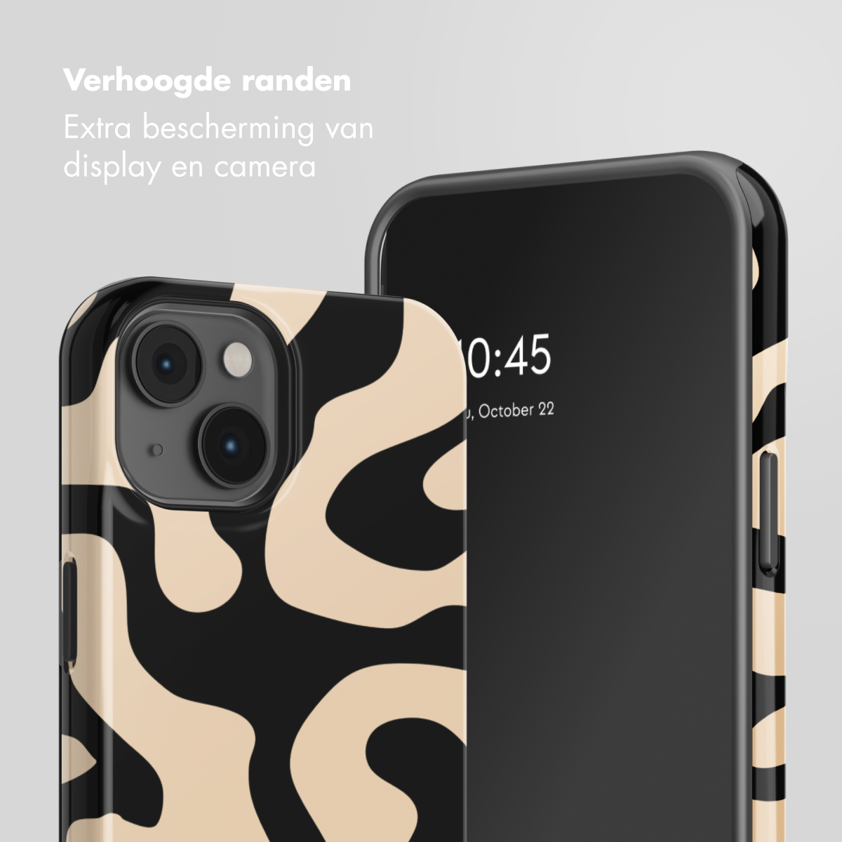 Une coque de téléphone avec un motif ondulé noir et beige et des bords surélevés.