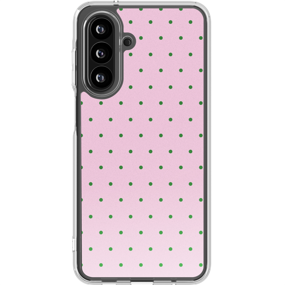 Een roze telefoonhoesje met groene stippen en een zwarte cameramodule.