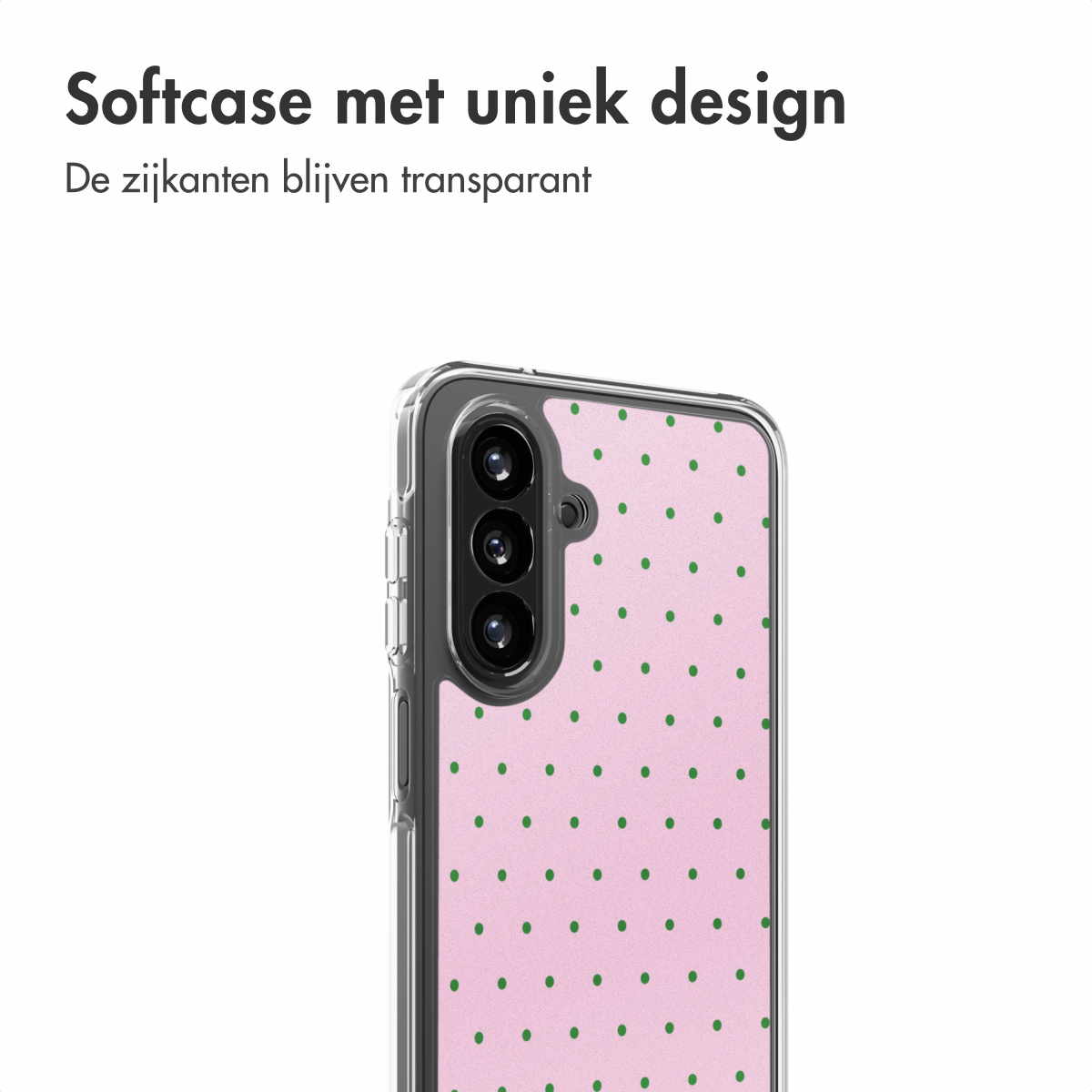 Transparante telefoonhoes met roze achtergrond en groene stippen.