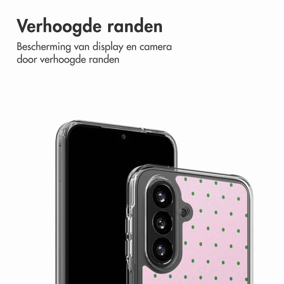 Een smartphone met een roze hoes met groene stippen en verhoogde randen.