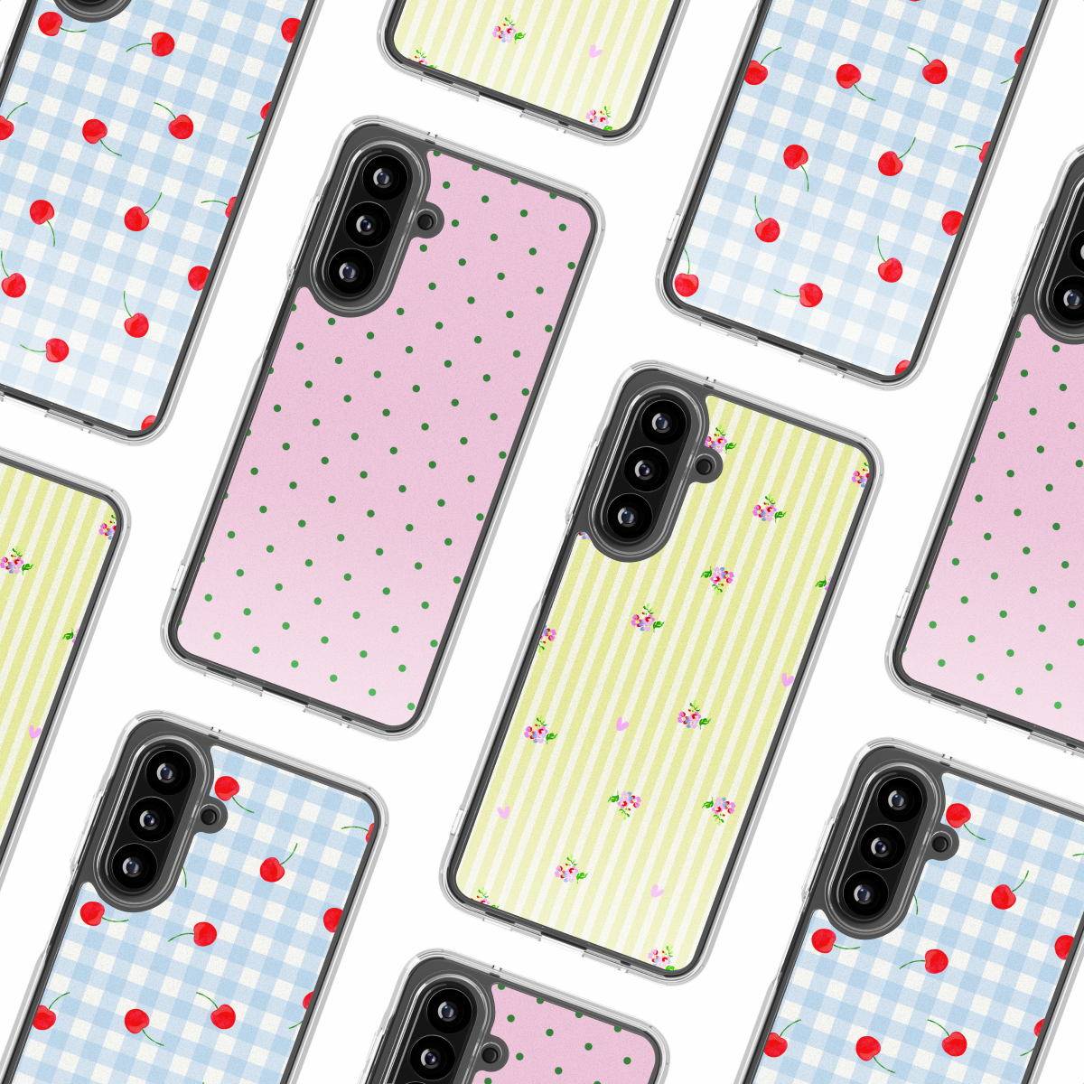 Meerdere telefoonhoesjes met patronen: kersen, stippen en strepen.