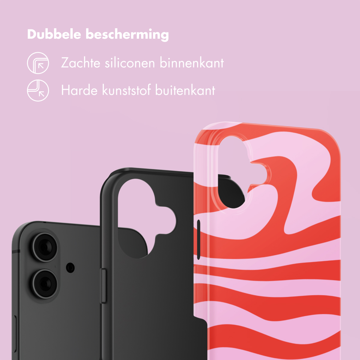 Trois coques de téléphone, deux noires, une à rayures roses et rouges.