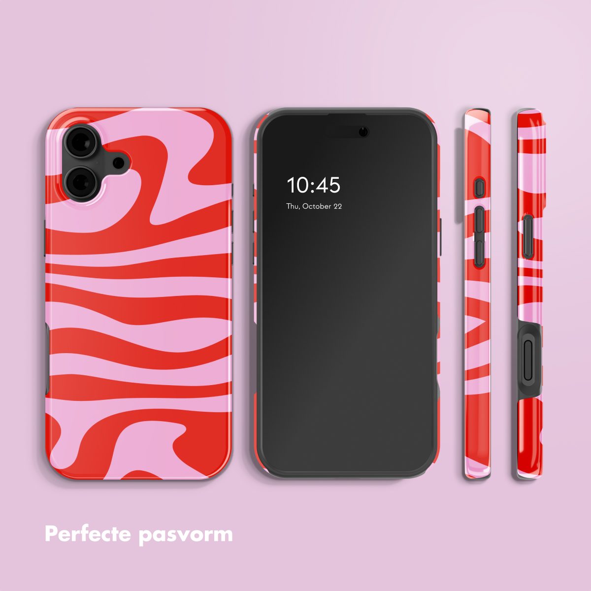 Coque de téléphone rouge et rose à motif ondulé à côté d'un smartphone.