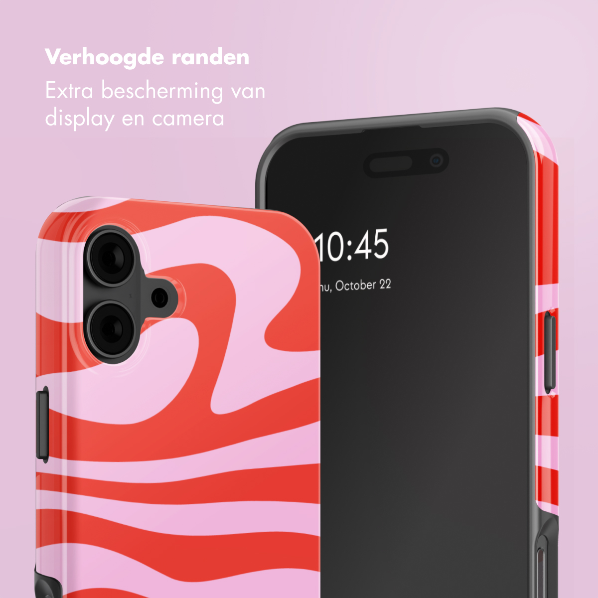Un téléphone avec un étui à motifs tourbillonnants rouge et rose et un écran noir.