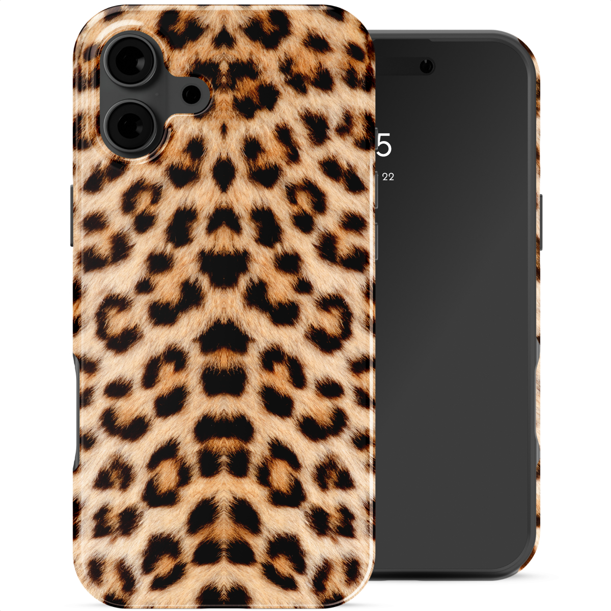 Une coque de téléphone léopard à côté d'un smartphone.