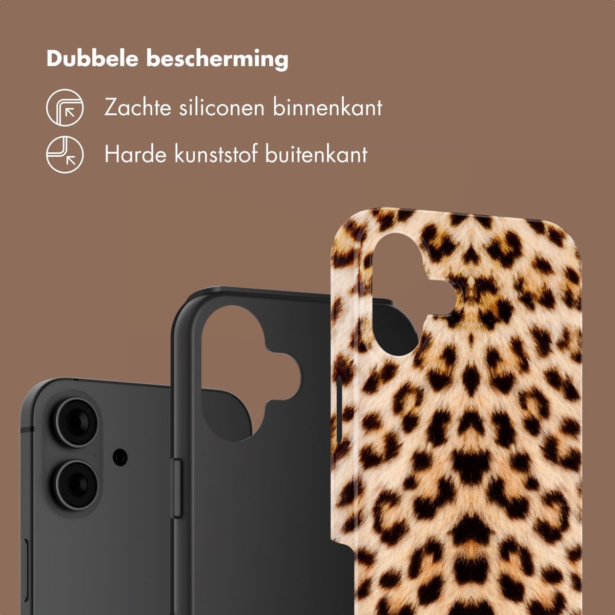 Deux coques de téléphone: une noire, une à imprimé léopard. Description double protection.