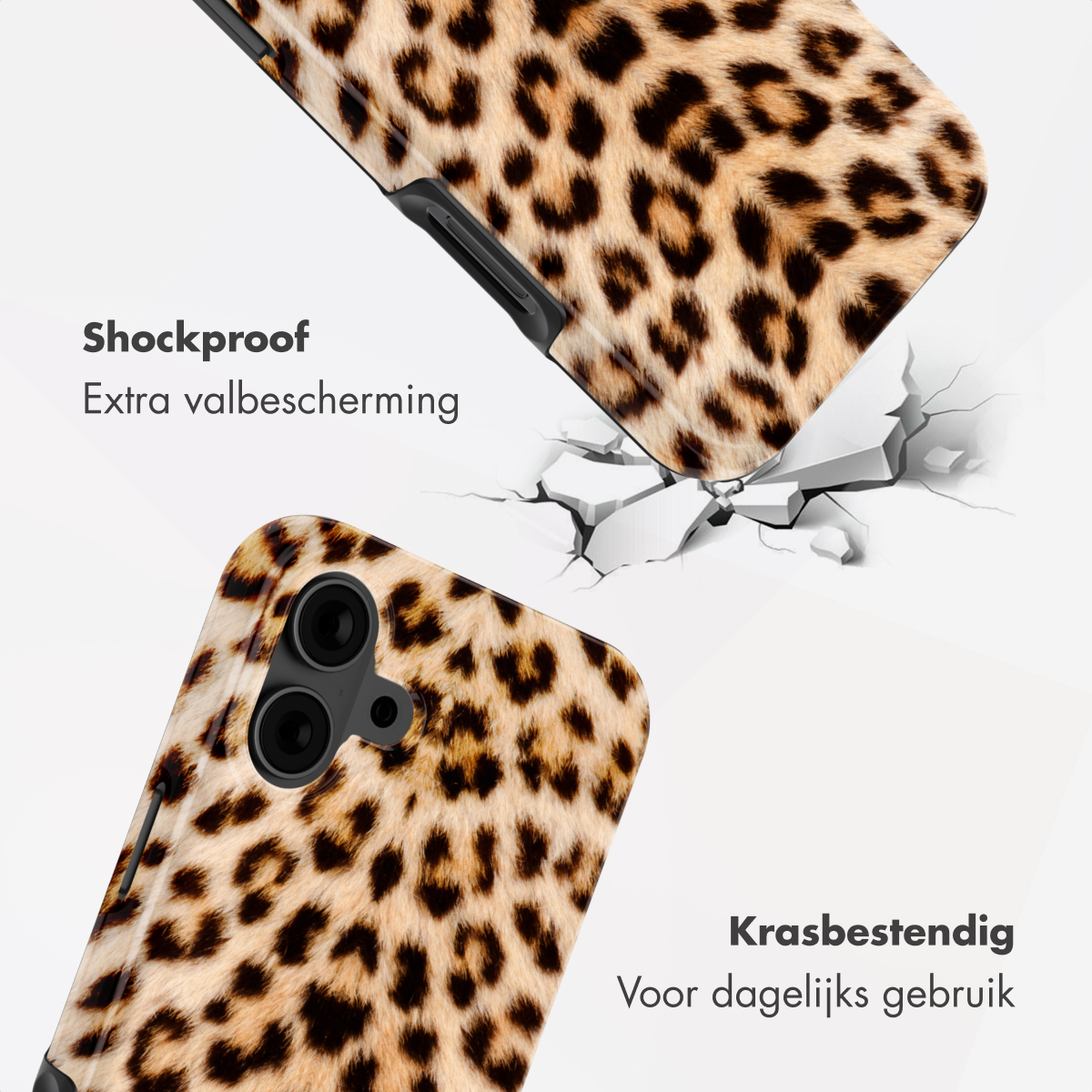 Coque de téléphone motif léopard avec texte "Shockproof" et "Résistant aux rayures".