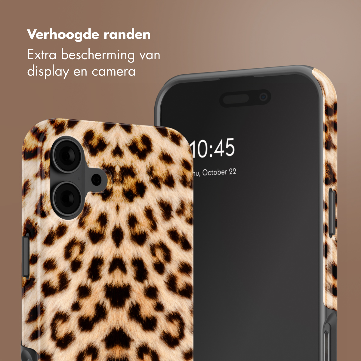 Coque de téléphone léopard avec appareil photo et écran, avec texte néerlandais.
