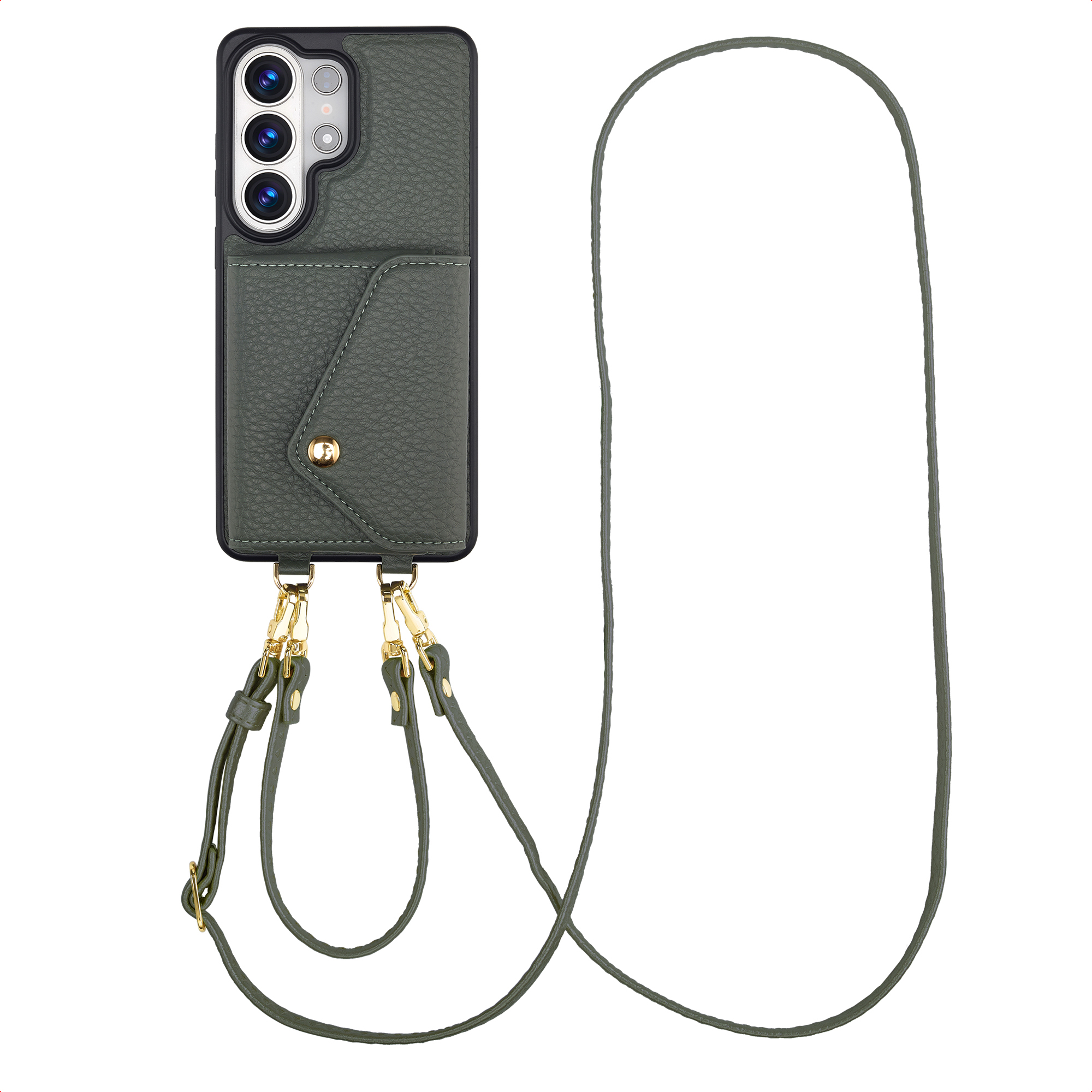 Donkergroene leren telefoonhoes met camera's en een lange riem.