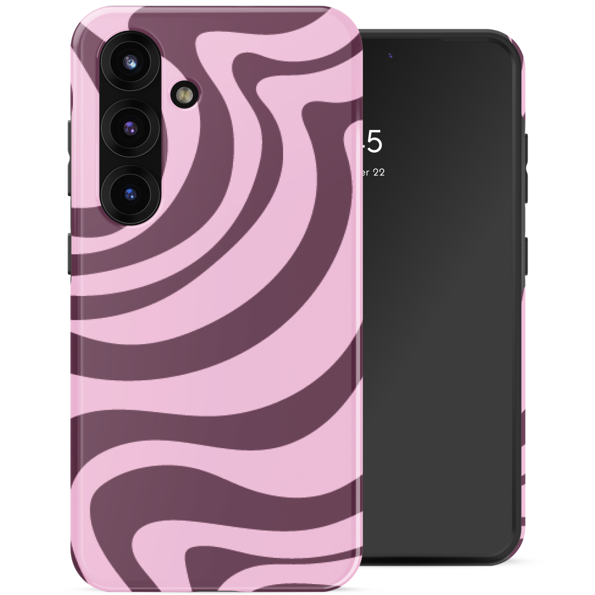 Een roze telefoonhoes met bruine wervelingen naast een smartphone.
