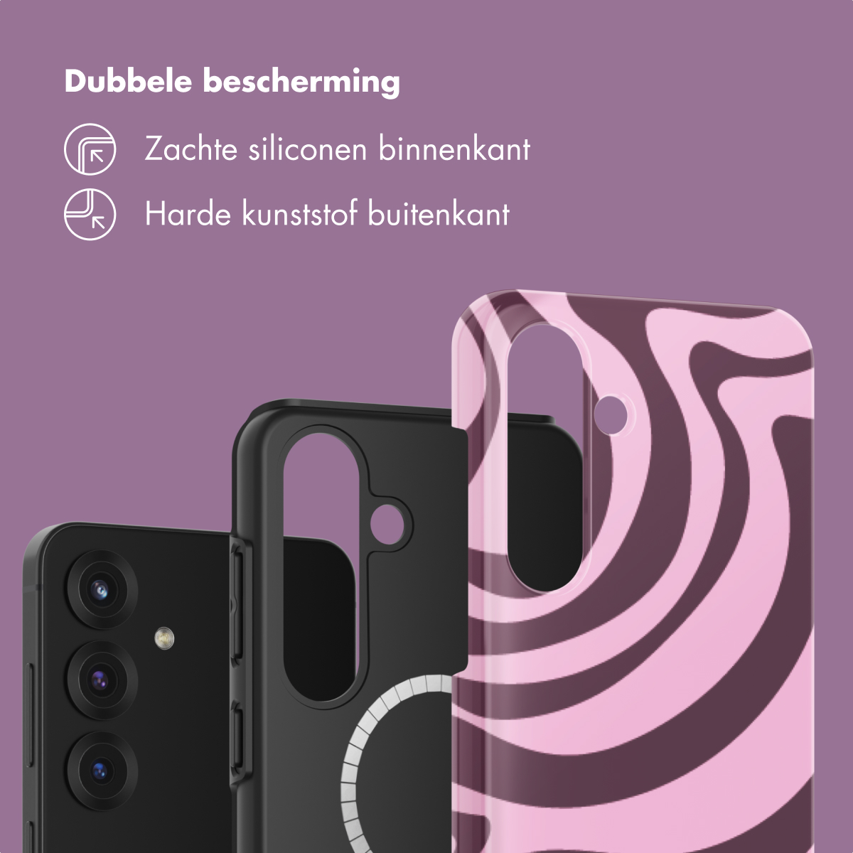 Drie telefoonhoesjes: zwart met camera-uitsparing, zwart met patroon, roze-bruin gestreept.