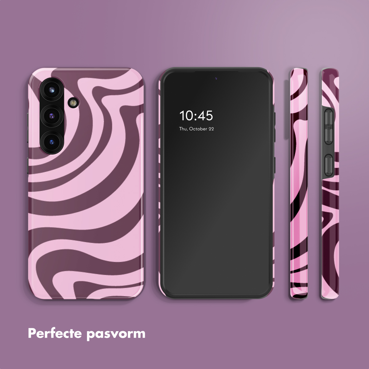 Telefoonhoesje met roze en paars draaikolkpatroon naast een smartphone.