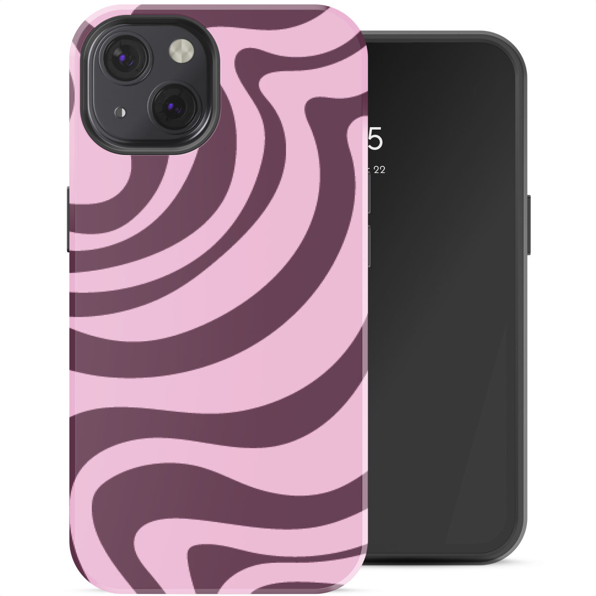 Een roze telefoonhoes met donkere, golvende strepen naast een zwarte smartphone.