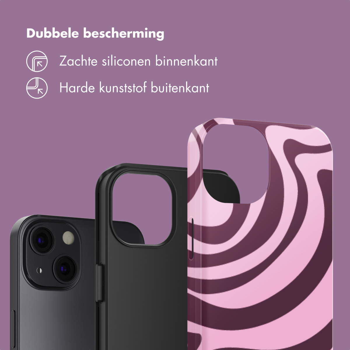 Drie telefoonhoesjes: een zwarte, een zwarte en een met roze en bruine wervelingen.