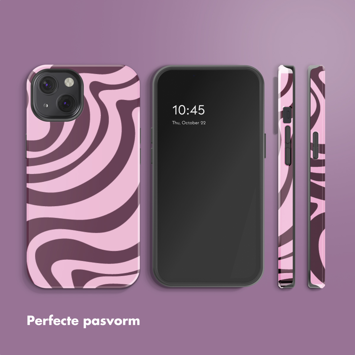 Een telefoonhoesje met een roze en bruin draaikolkpatroon. Het scherm toont 10:45.