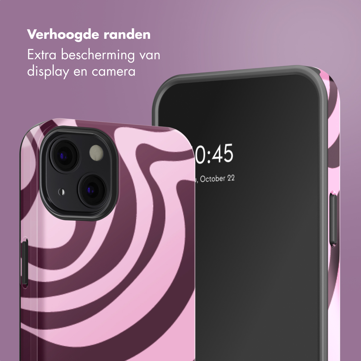 Roze telefoonhoes met bruine wervelingen naast een smartphone.