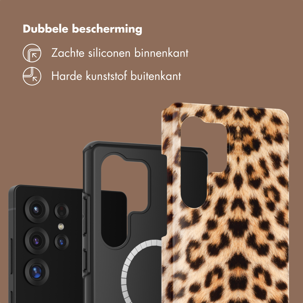 Telefoonhoesje met luipaardprint, zachte siliconen binnenkant, hard plastic buitenkant.