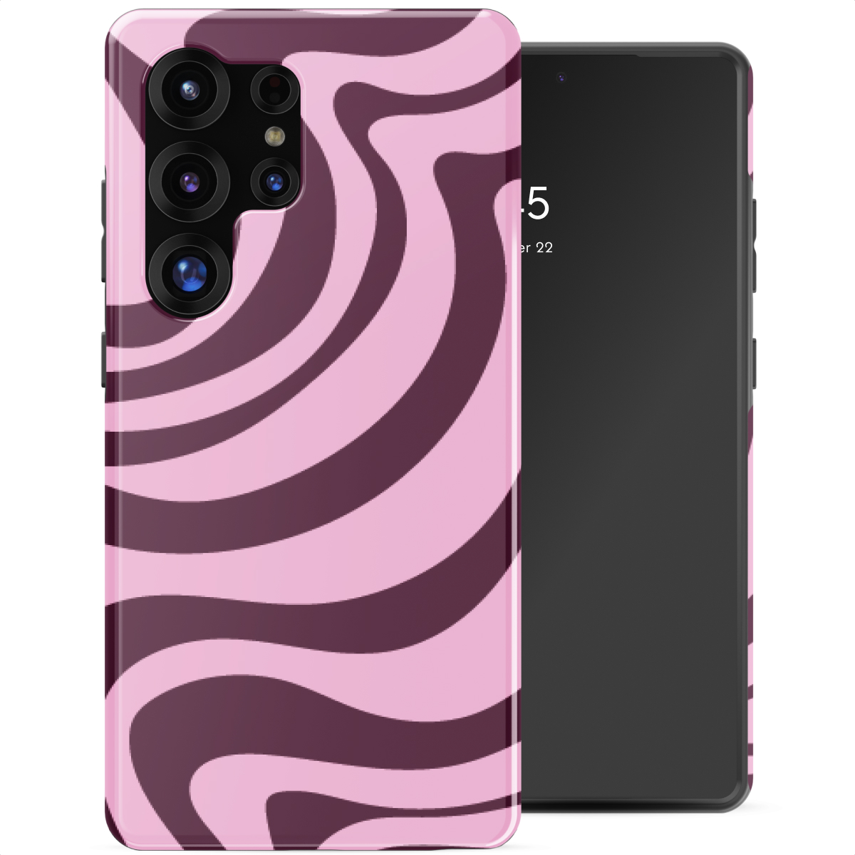 Een roze telefoonhoesje met donkere swirlpatronen naast een smartphone.