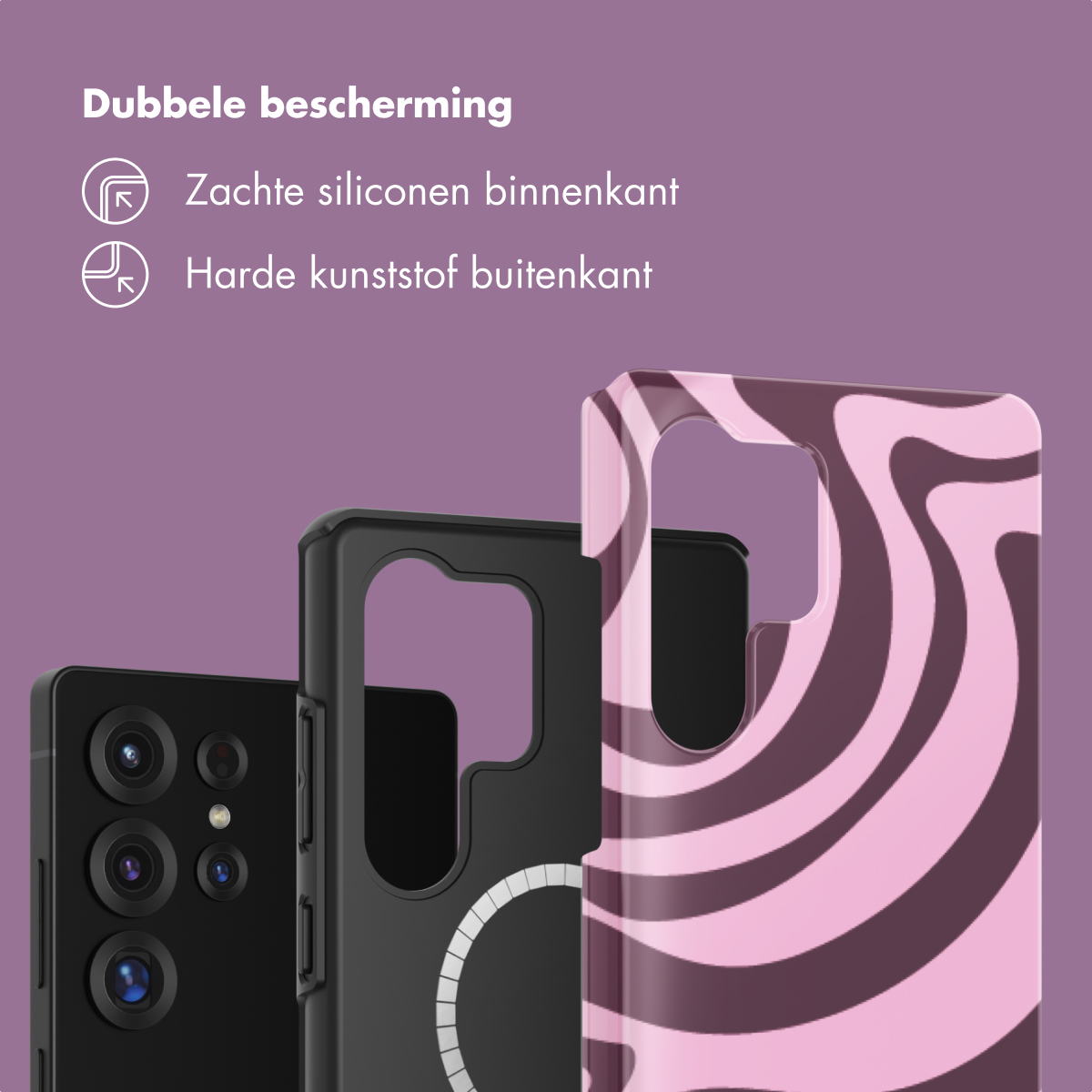 Drie telefoonhoesjes: één zwart, één zwart en één met roze/bruine wervelingen.