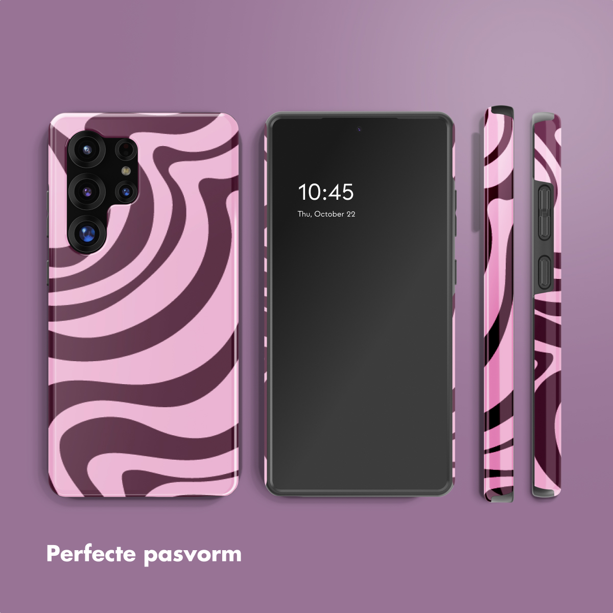 Een smartphone met een roze en paars wervelpatroon hoesje.