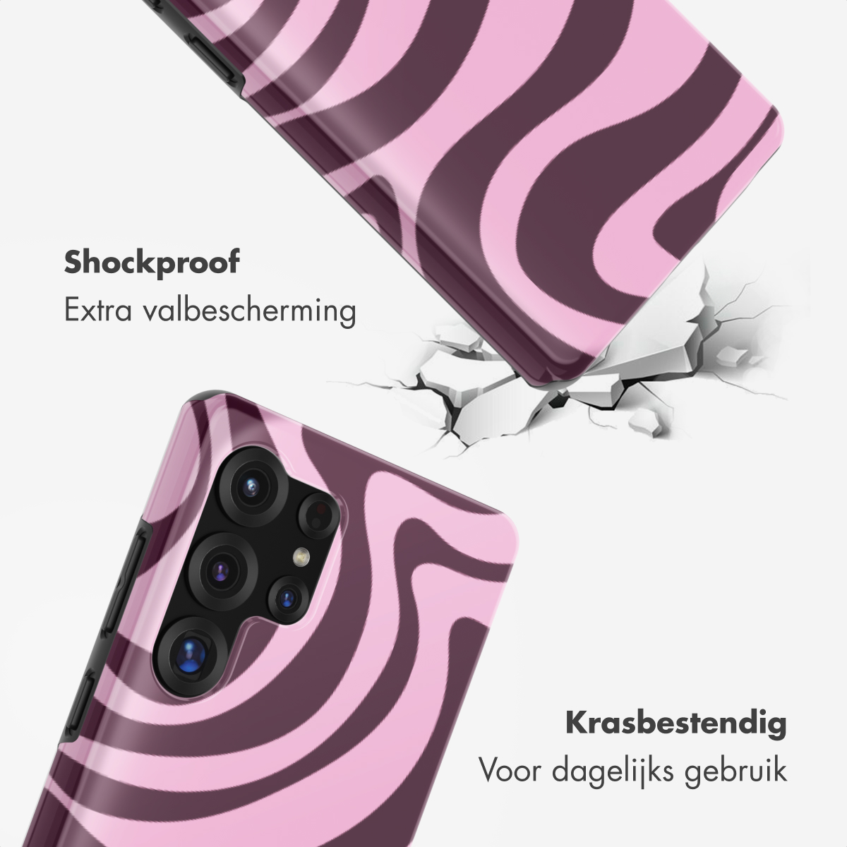 Roze en paarse telefoonhoes met golvend patroon, schokbestendig en krasbestendig.