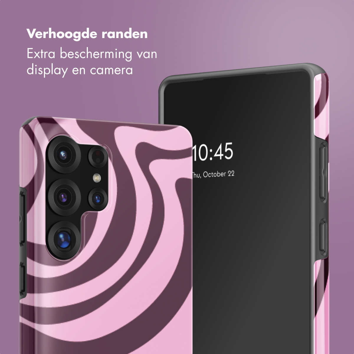 Een telefoon met een roze en bruin draaikolkpatroon. Verhoogde randen voor bescherming van scherm en camera.