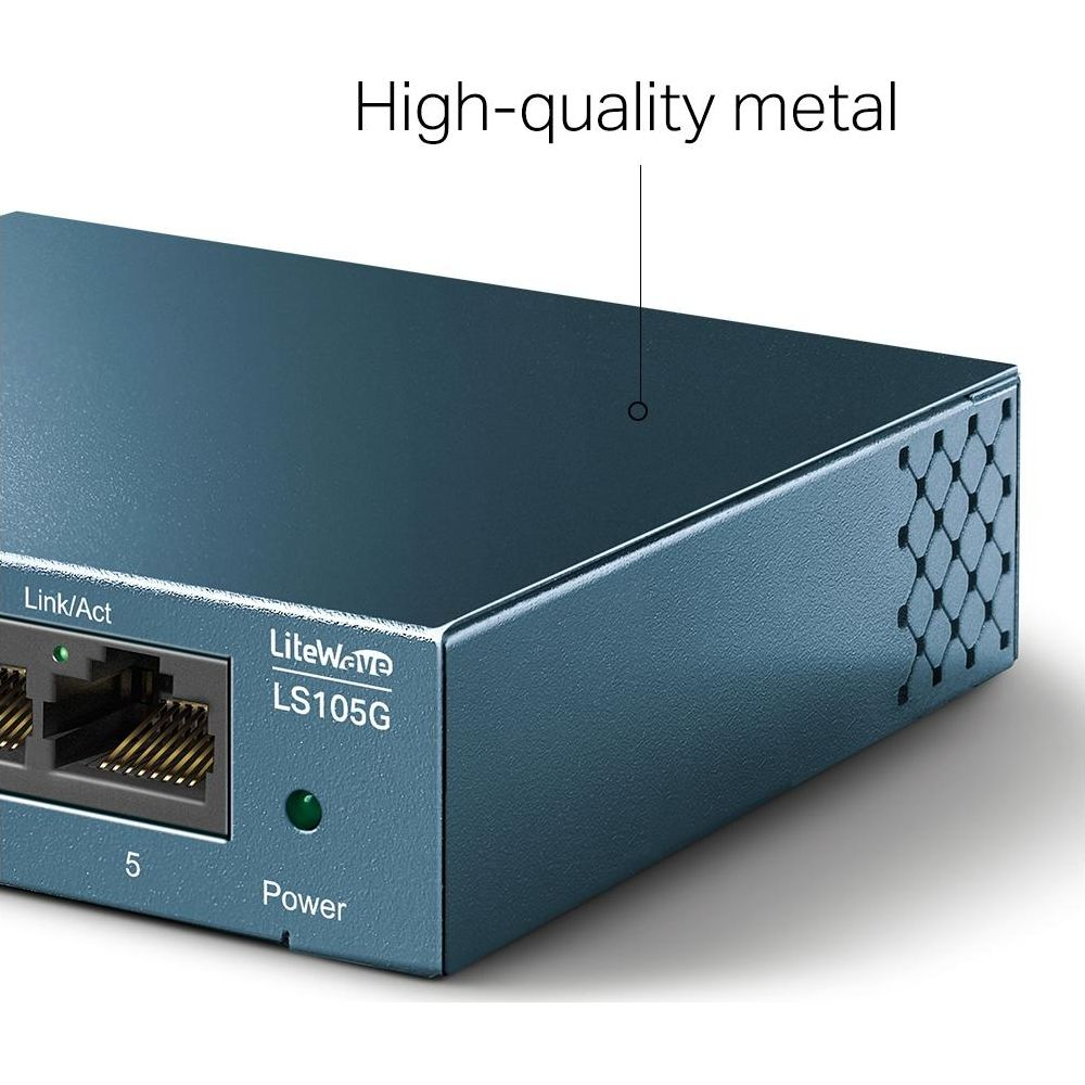 Ein blauer Netzwerk-Switch mit "Link/Act" und "Power" Beschriftungen.