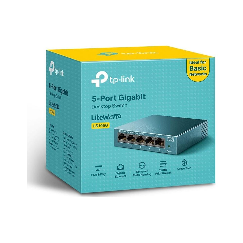 TP-Link 5-Port Gigabit Desktop Switch LS105G auf türkisfarbener Verpackung.
