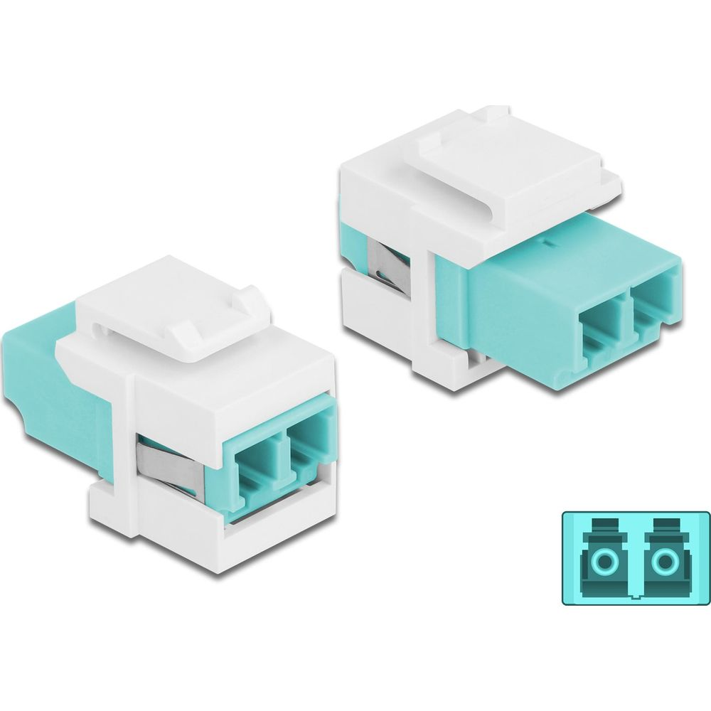 Deux connecteurs fibre optique blancs et turquoise sur fond blanc.