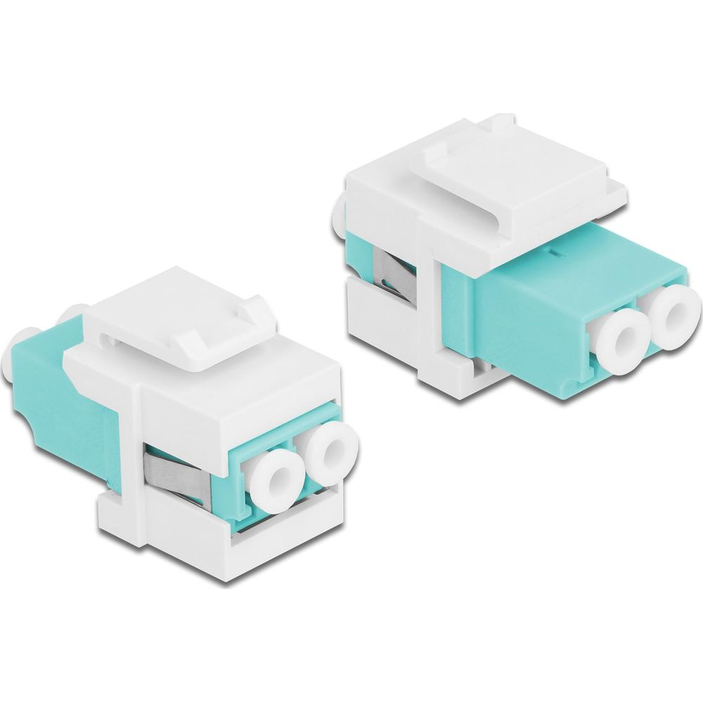 Deux connecteurs coupleurs blancs et turquoise avec des ouvertures rondes côte à côte.