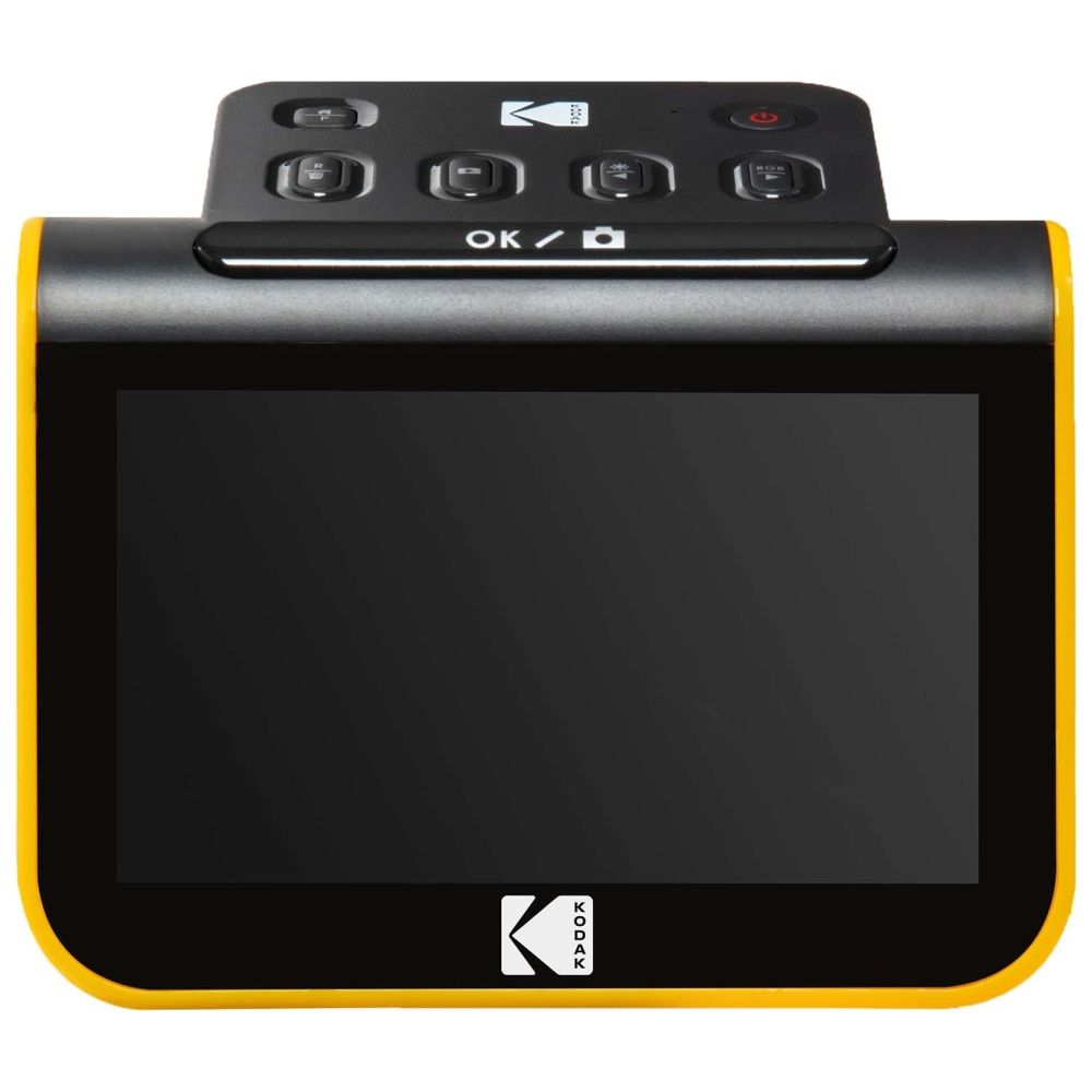 Ein gelber Kodak-Drucker mit schwarzem Bildschirm und Bedienelementen.