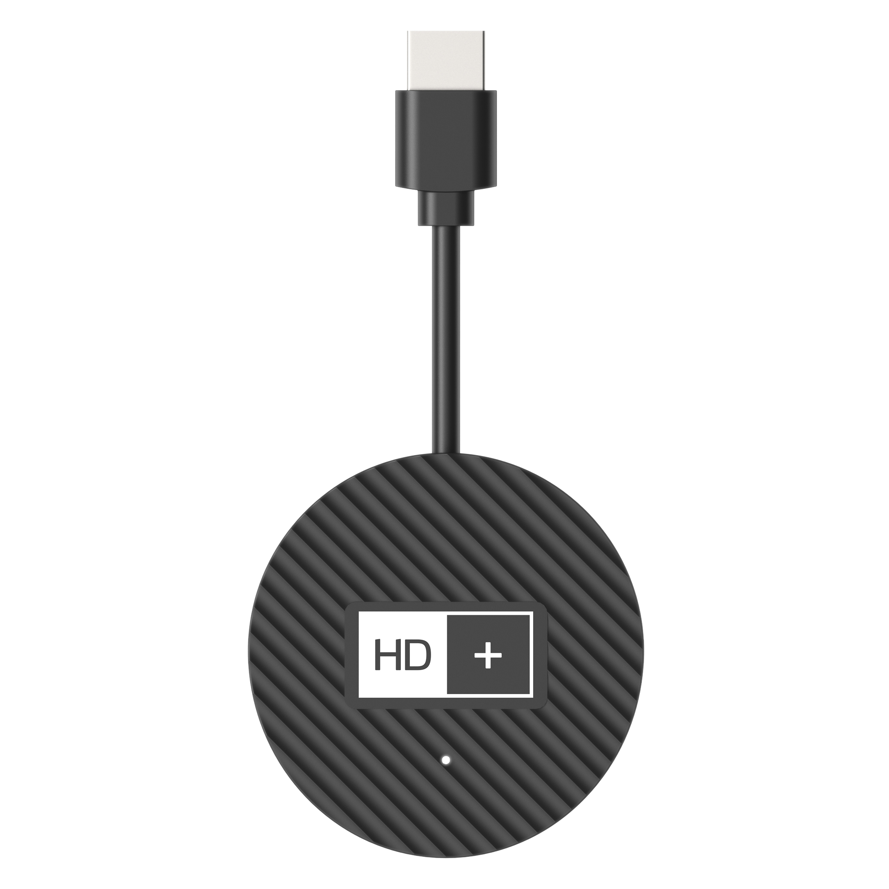 Schwarzer runder Adapter mit USB-C-Anschluss und HD+-Symbol.