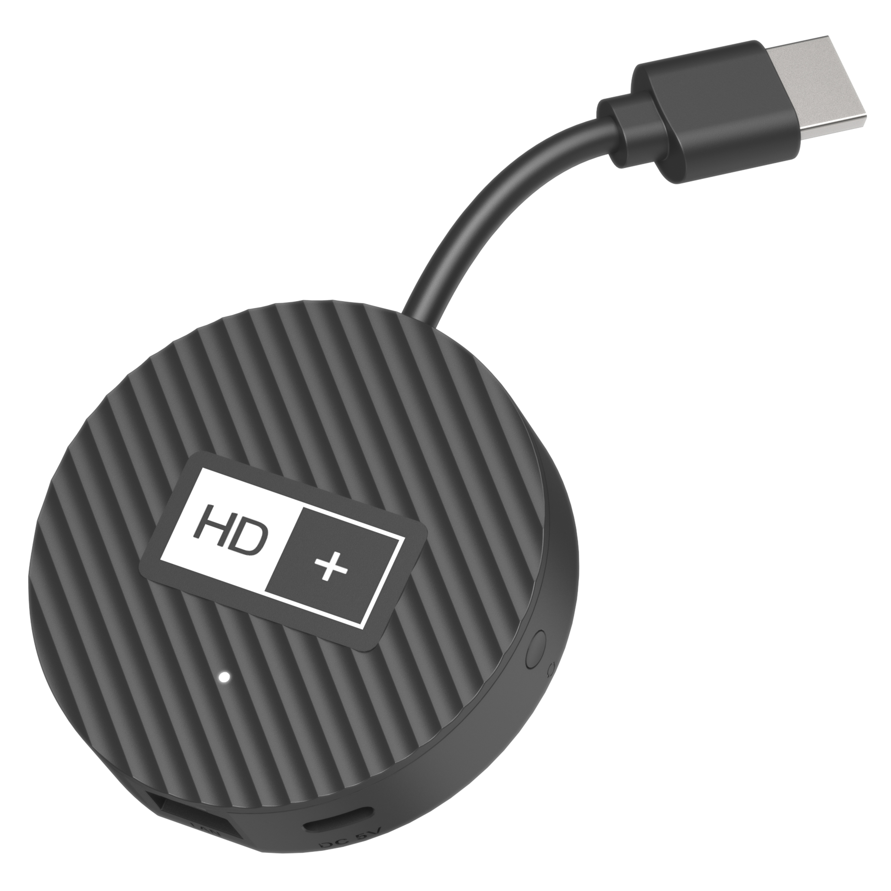 Ein schwarzer runder Adapter mit Wellenmuster, HDMI-Anschluss und USB-C-Kabel.