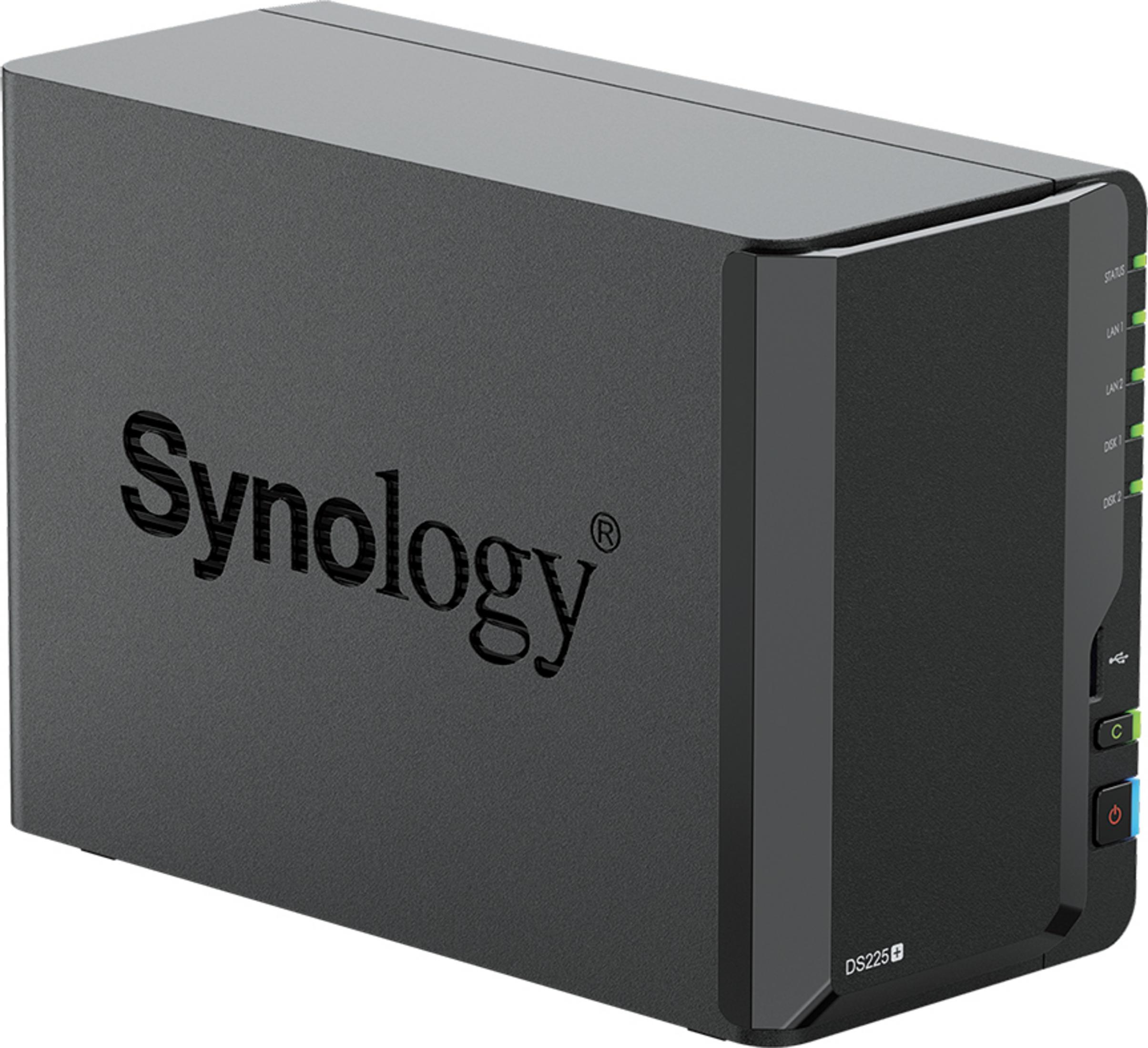 Ein schwarzes Synology NAS-Gerät mit leuchtenden grünen Status-LEDs.