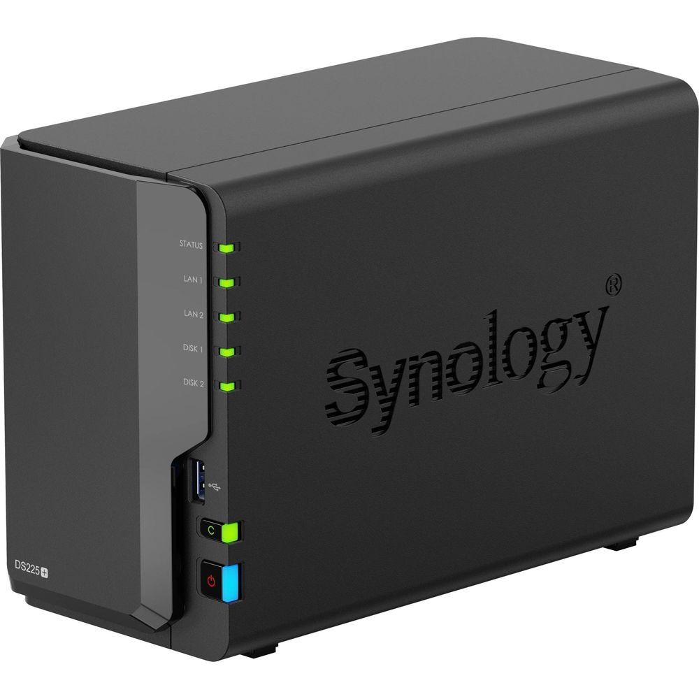 NAS Synology noir avec LED d'état, indicateurs réseau et voyants de disque.