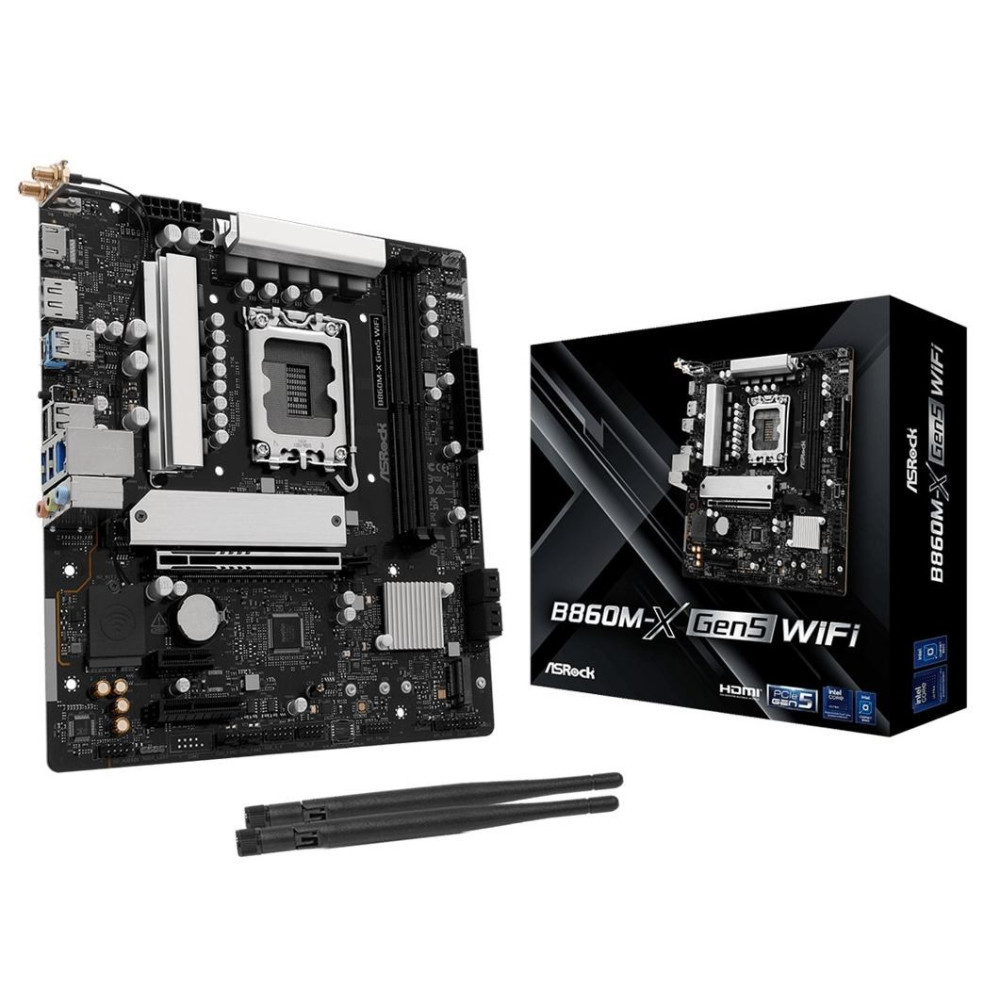 Płyta główna ASRock B860M-X Gen5 WiFi z pudełkiem i antenami.
