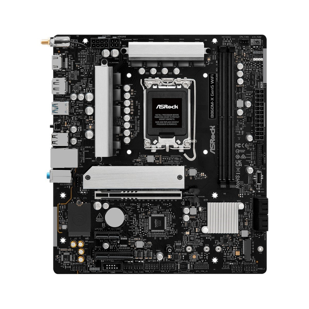 Czarna płyta główna ASRock B860M-X Gen5 WiFi z gniazdem CPU, slotami RAM i portami.