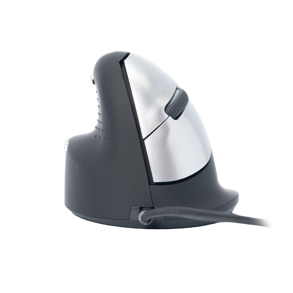 Ergonomische grijze en zilveren computermuis met scrollwiel en kabel.