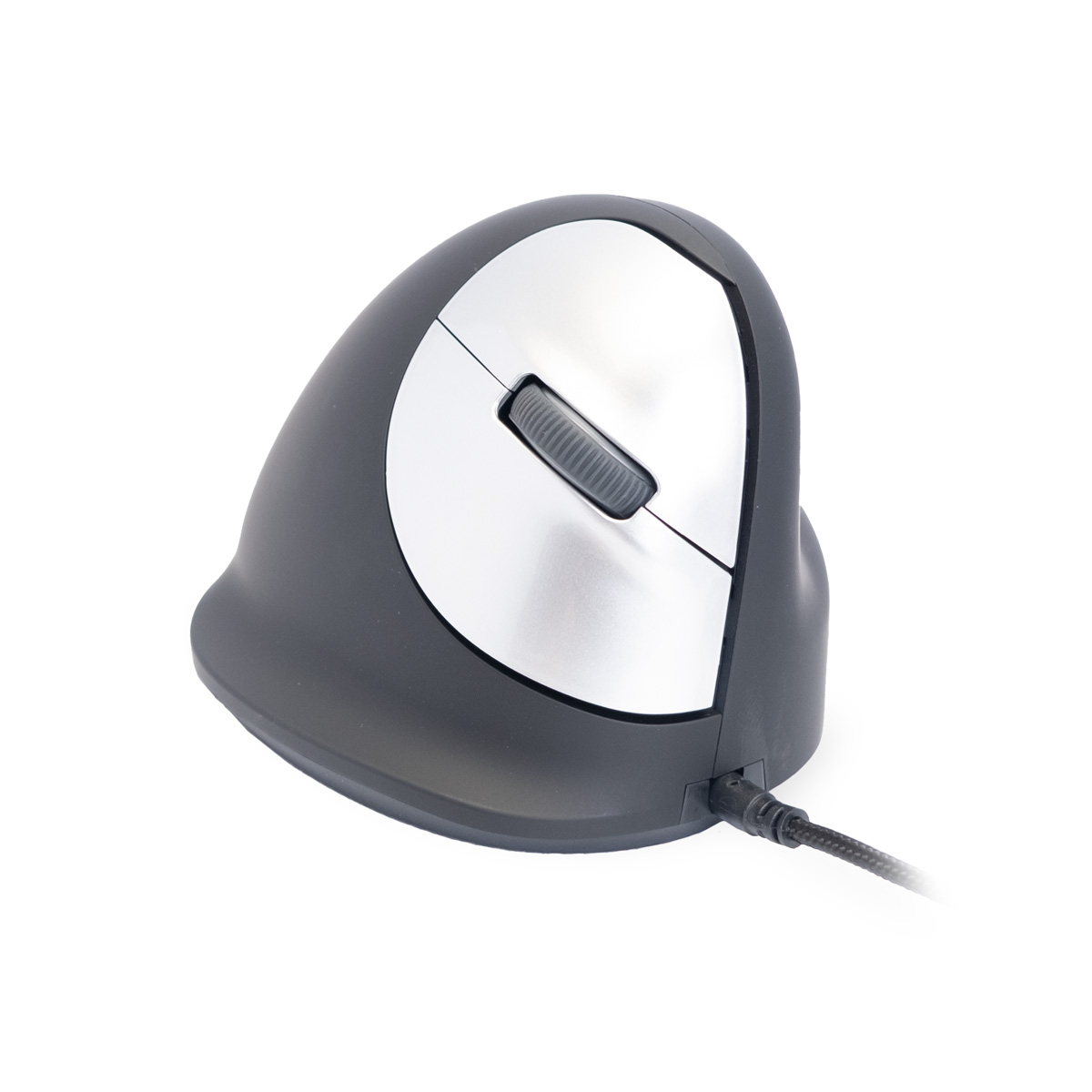 Ergonomic black mouse with silver top and scroll wheel.