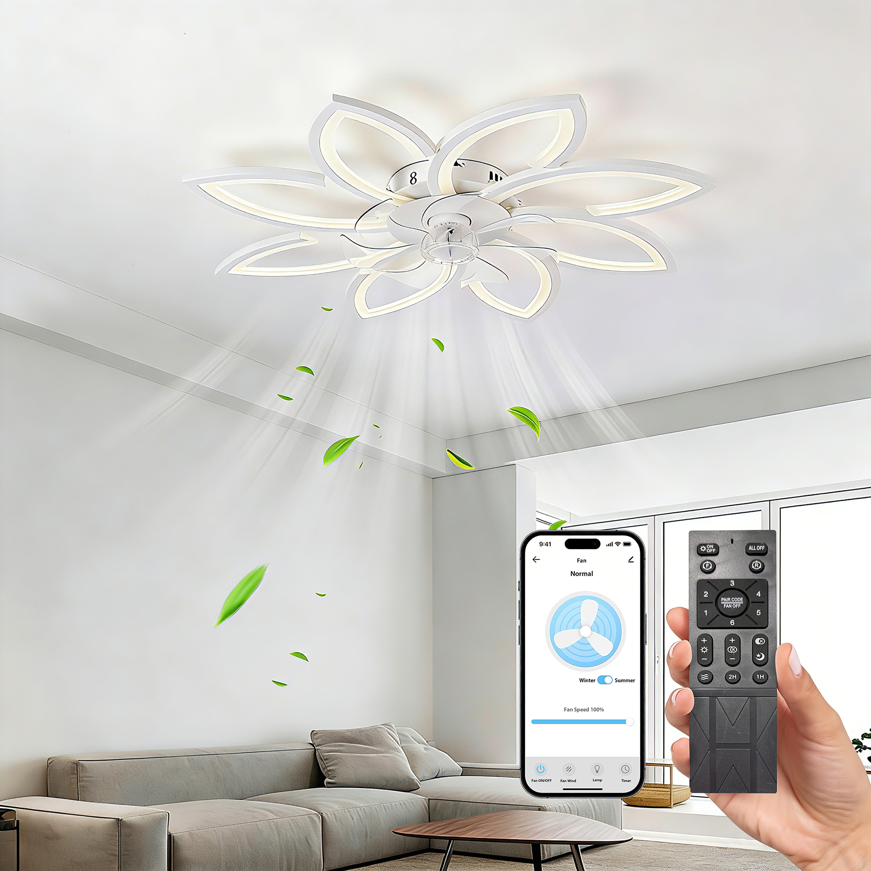 Una lámpara de ventilador de techo blanca con forma de flor con control remoto y app.