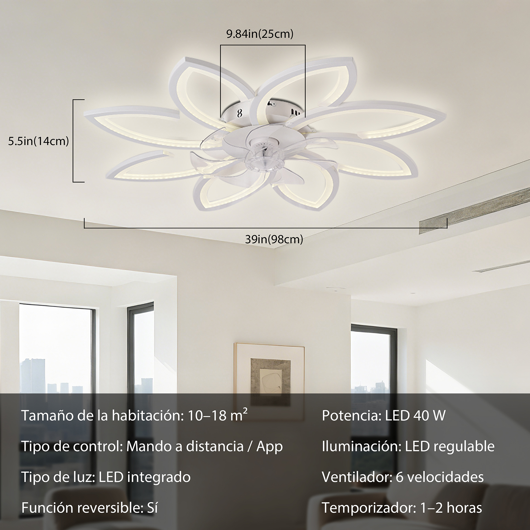 Ventilador de techo con luz LED en forma de flor. 98cm de diámetro.