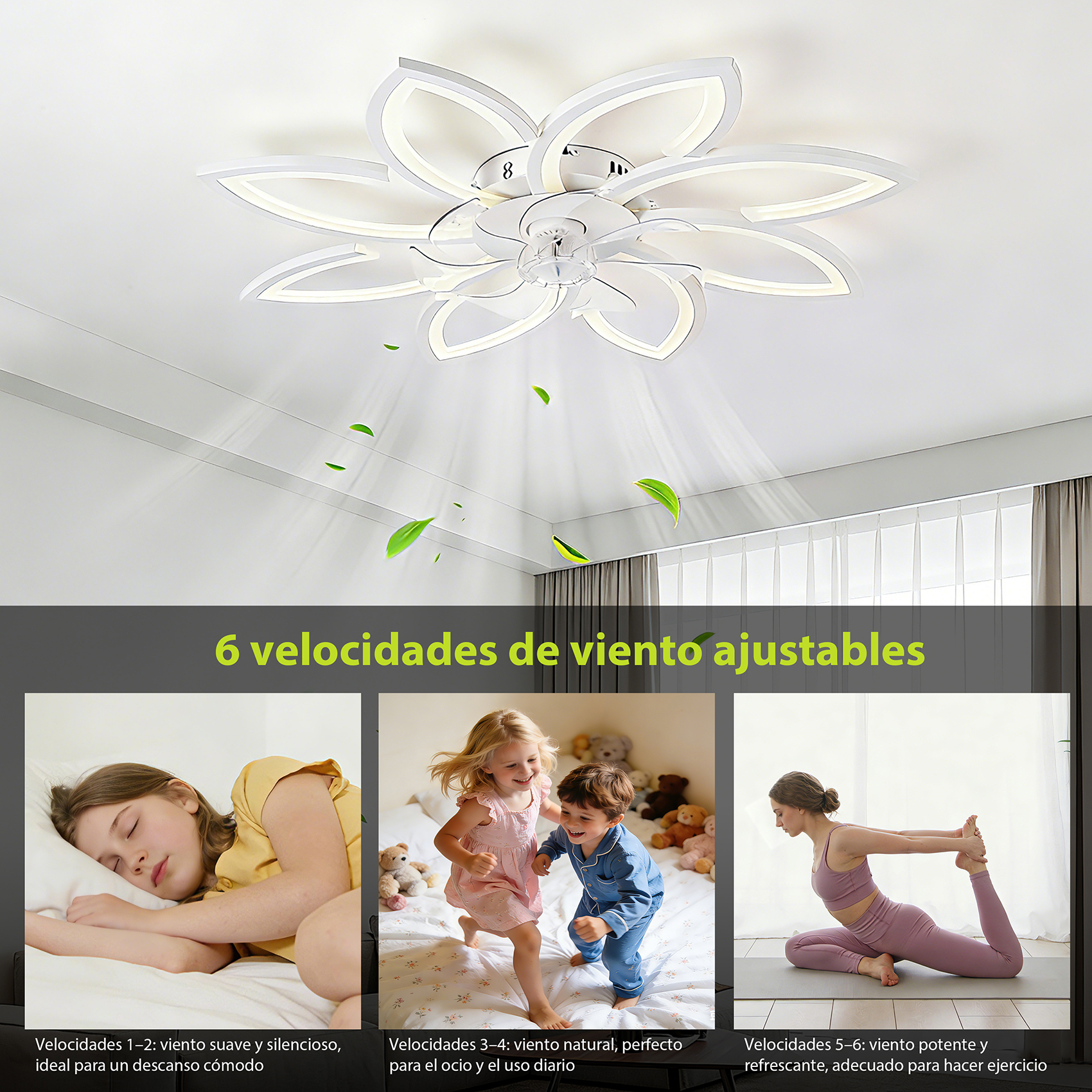 Ventilador de techo en forma de flor con 6 velocidades, mostrando flujo de aire.