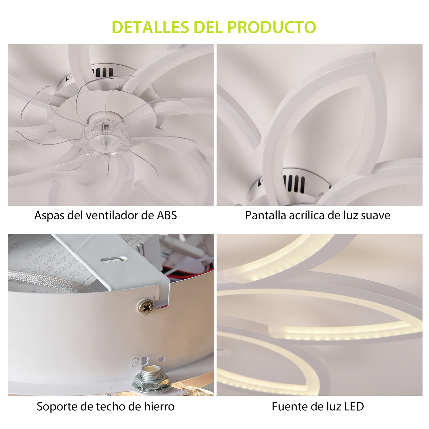 Ventilador de techo con aspas ABS, cubierta de luz acrílica, soporte de techo de hierro, LED.