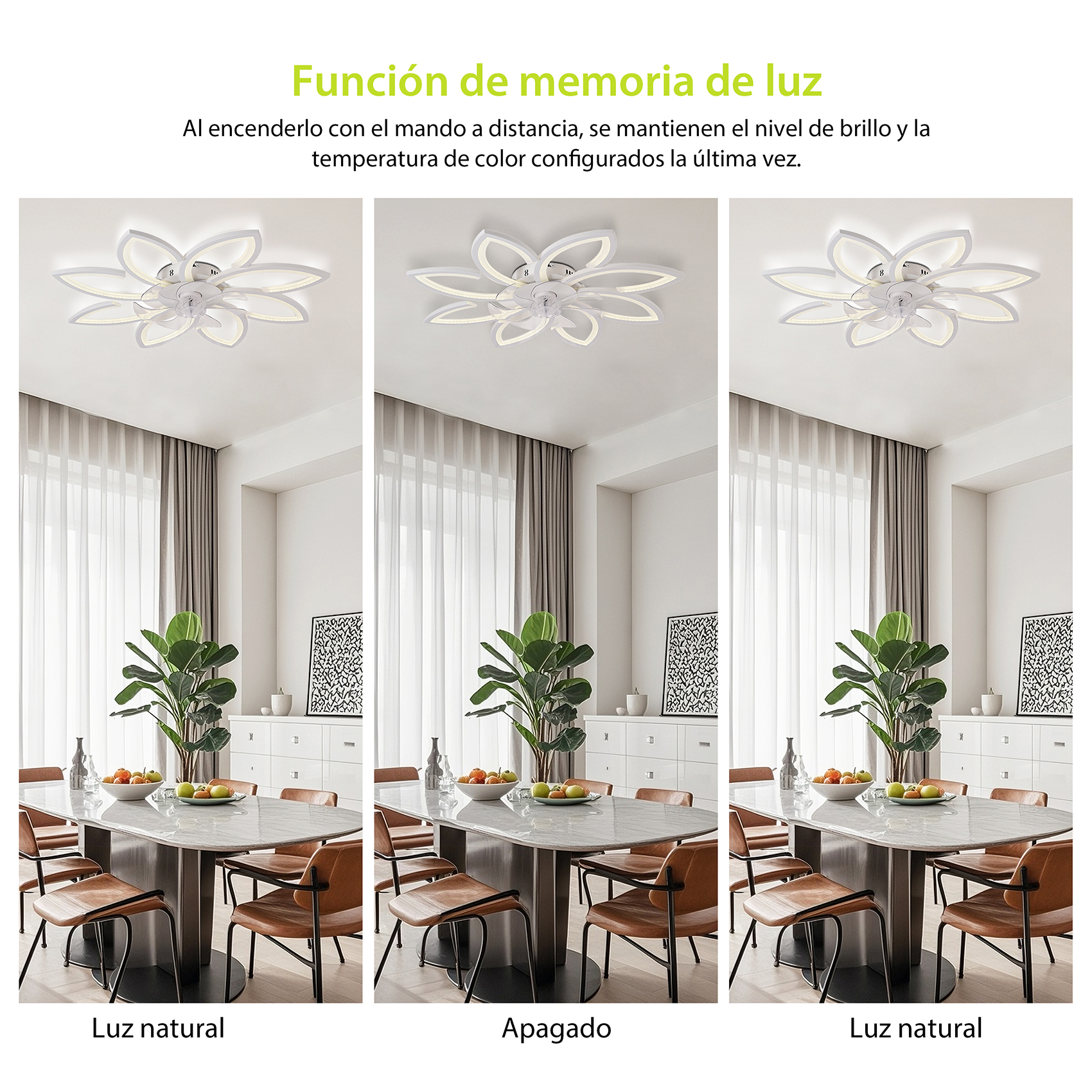 Un comedor con un candelabro moderno mostrado en tres modos.